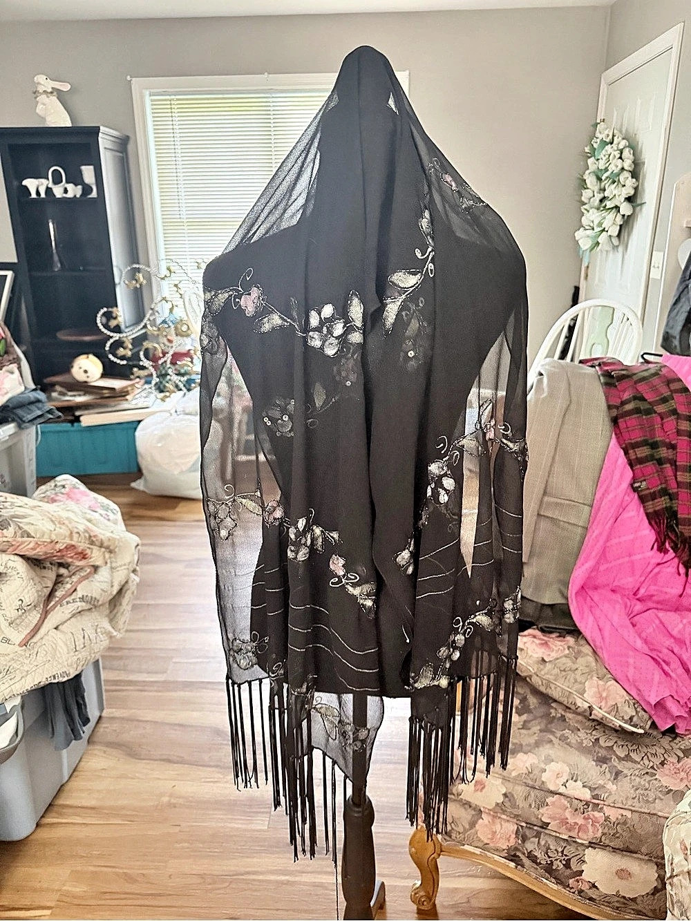 Black Floral Embroidered Silk Scarf
